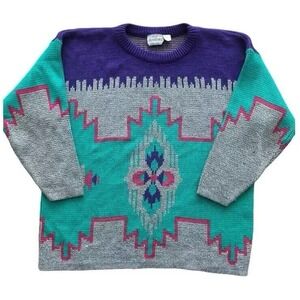 Vtg 90s Abstract Aztec Sweater Made In USA Renaissance Knitwear Pink Purple OSFA